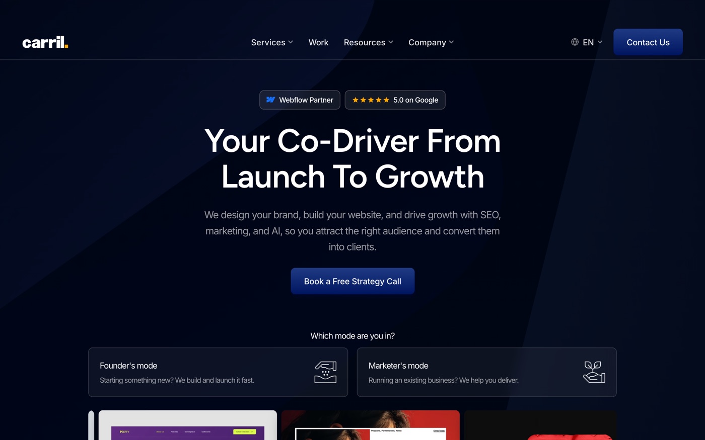 Carril Agency homepage with a dark navy launch-to-growth hero