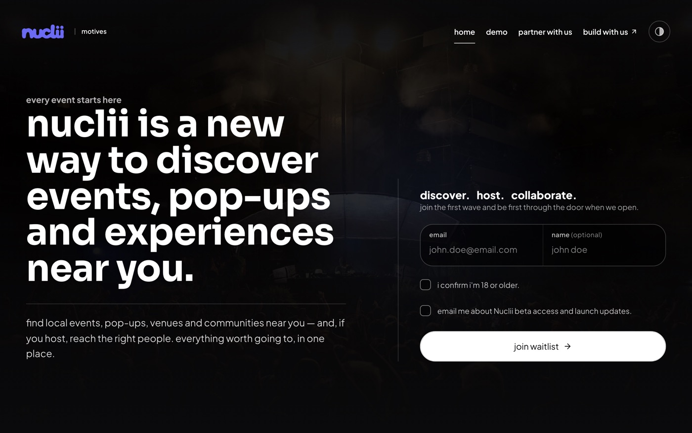 Nuclii homepage introducing its local events and pop-ups platform