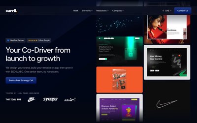 Carril Agency homepage with a dark navy launch-to-growth hero