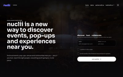 Nuclii homepage introducing its local events and pop-ups platform